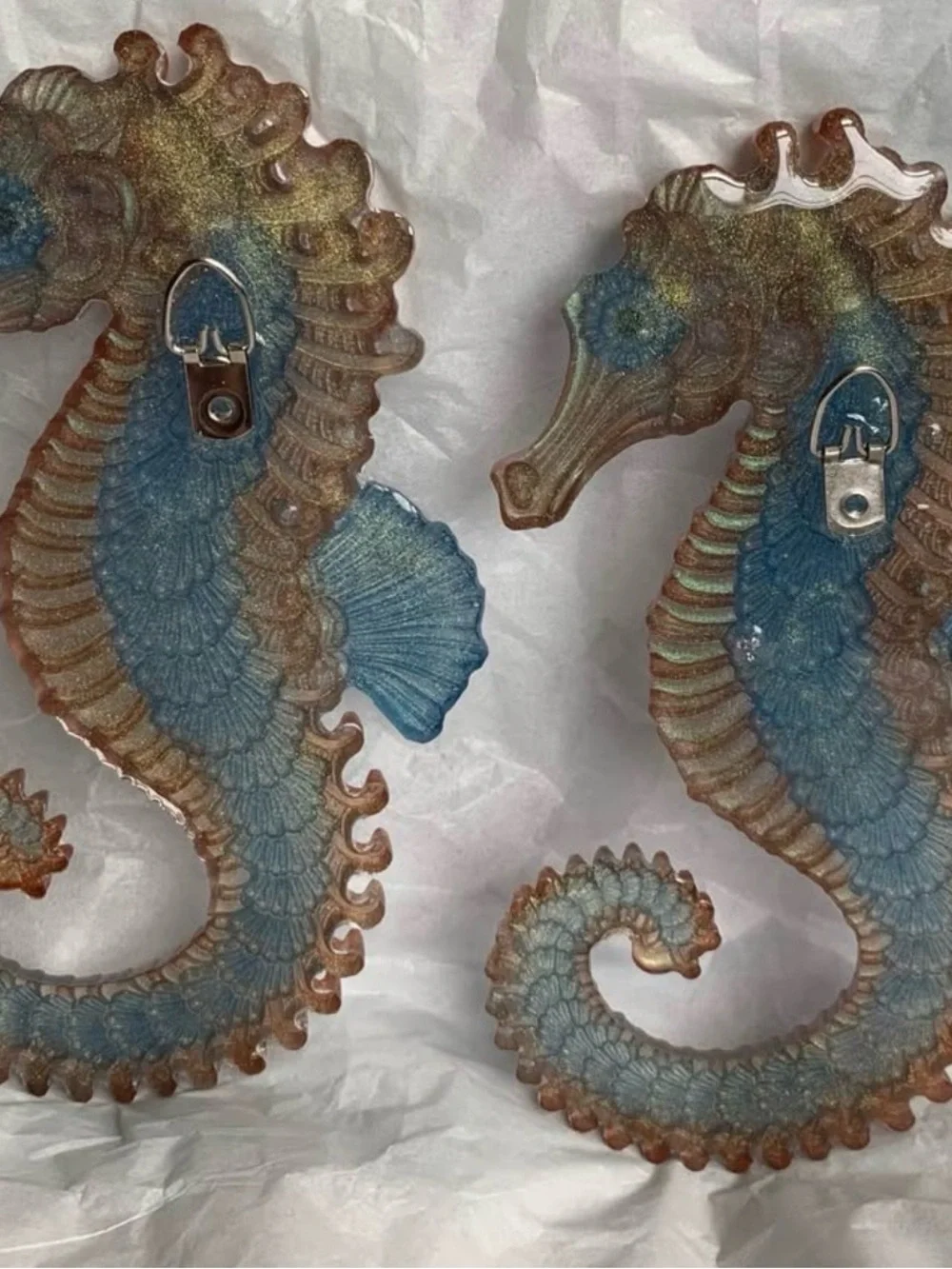 2 Iridescent Blue and Gold Seahorse Wall Decor - Home Accent